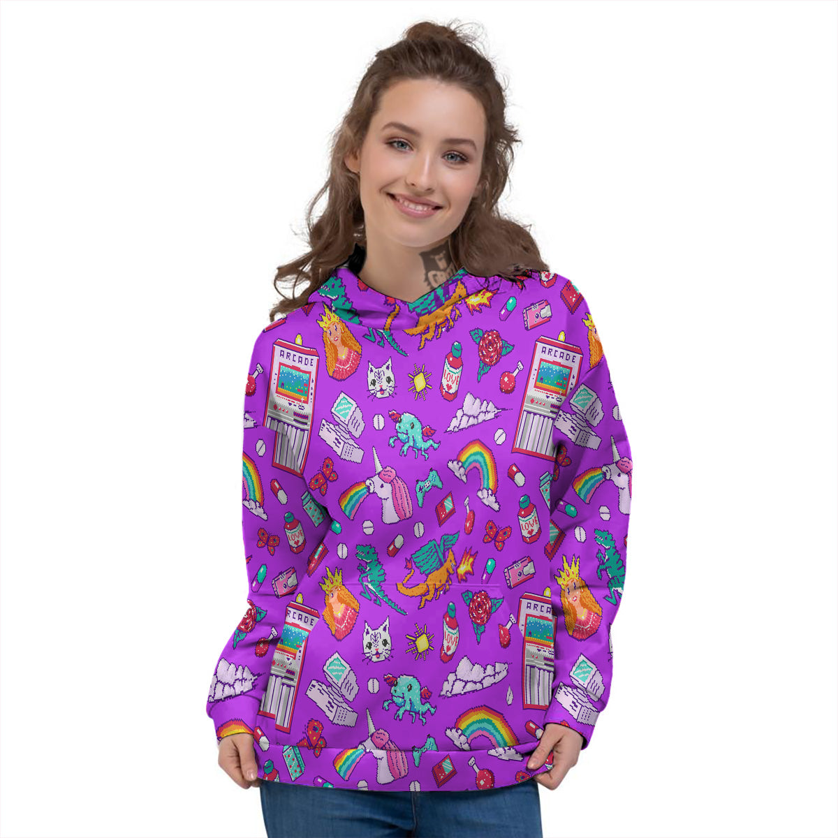 Pixel Art 8 Bit Pink Print Pattern Women's Hoodie-grizzshop