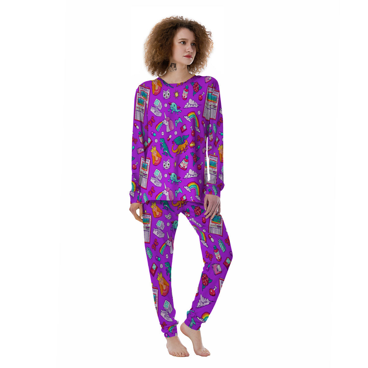 Pixel Art 8 Bit Pink Print Pattern Women's Pajamas-grizzshop