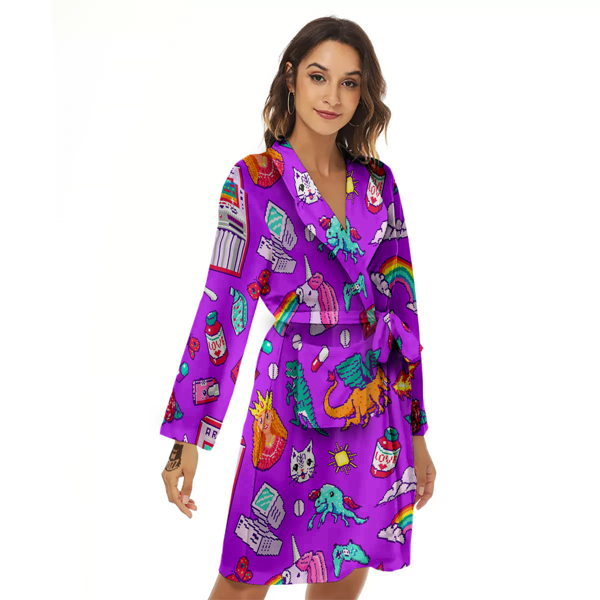 Pixel Art 8 Bit Pink Print Pattern Women's Robe-grizzshop