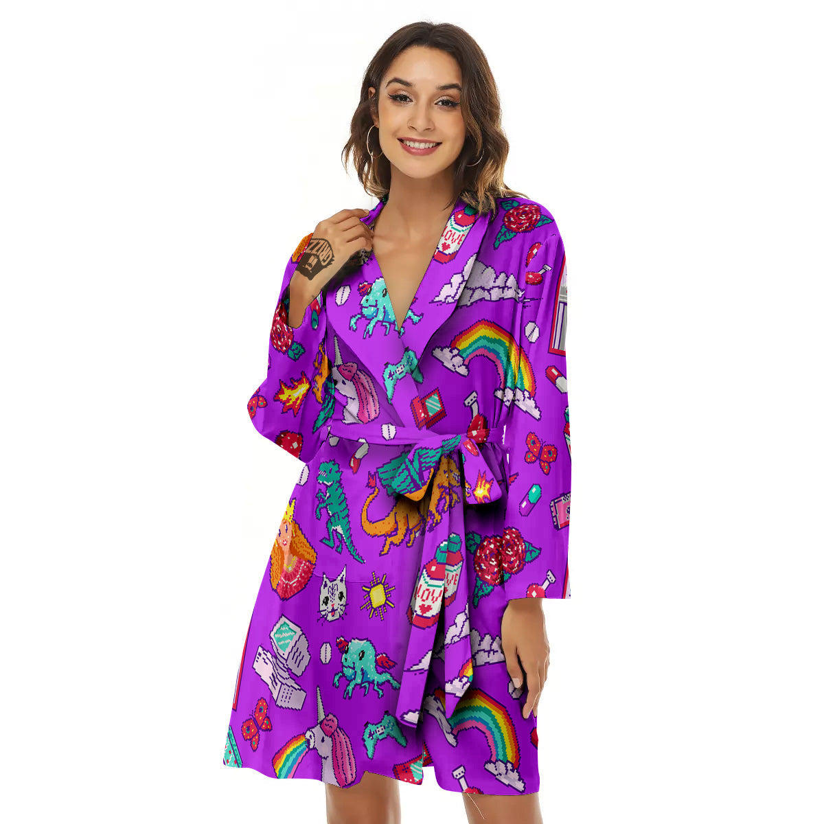 Pixel Art 8 Bit Pink Print Pattern Women's Robe-grizzshop