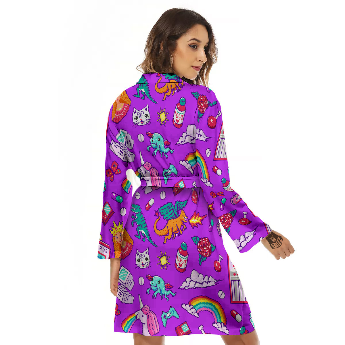 Pixel Art 8 Bit Pink Print Pattern Women's Robe-grizzshop