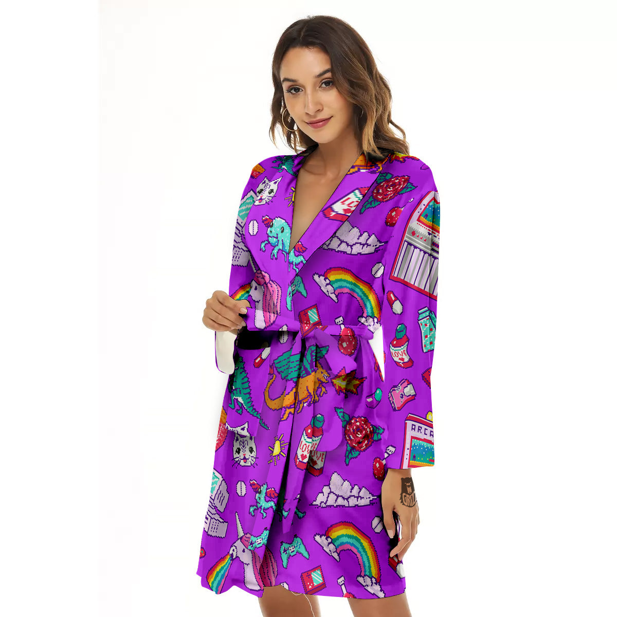 Pixel Art 8 Bit Pink Print Pattern Women's Robe-grizzshop
