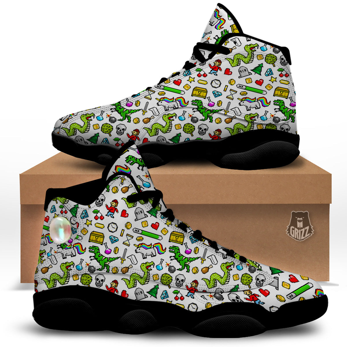 Pixel Art 8 Bit Retro Cartoon Print Pattern Black Basketball Shoes-grizzshop
