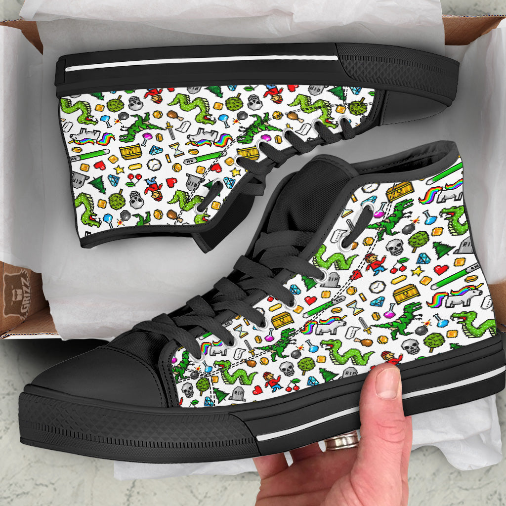 Pixel Art 8 Bit Retro Cartoon Print Pattern Black High Top Shoes-grizzshop
