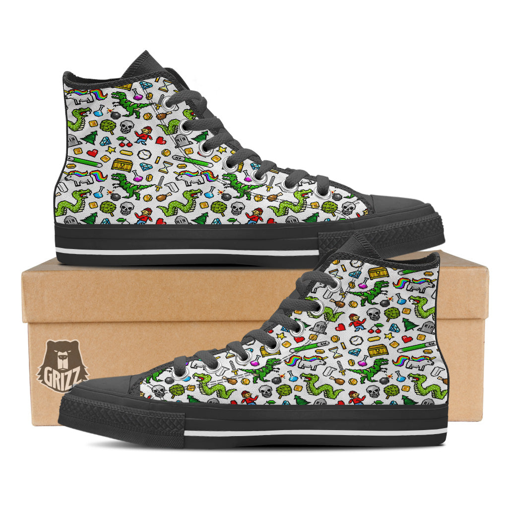 Pixel Art 8 Bit Retro Cartoon Print Pattern Black High Top Shoes-grizzshop