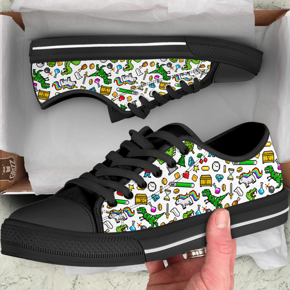 Pixel Art 8 Bit Retro Cartoon Print Pattern Black Low Top Shoes-grizzshop