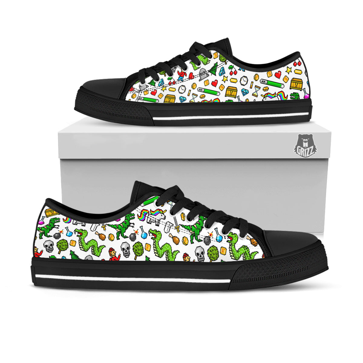 Pixel Art 8 Bit Retro Cartoon Print Pattern Black Low Top Shoes-grizzshop