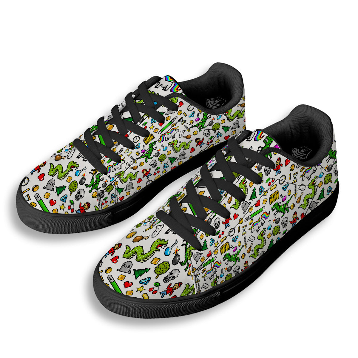 Pixel Art 8 Bit Retro Cartoon Print Pattern Black Low Top Sneakers-grizzshop