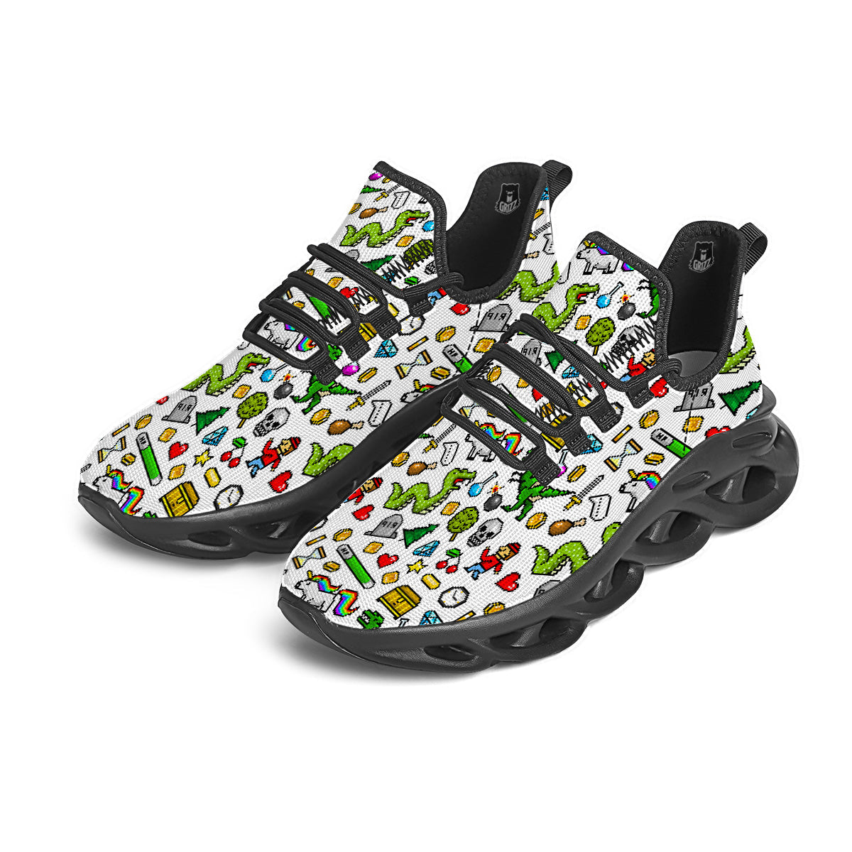 Pixel Art 8 Bit Retro Cartoon Print Pattern Black Running Shoes-grizzshop