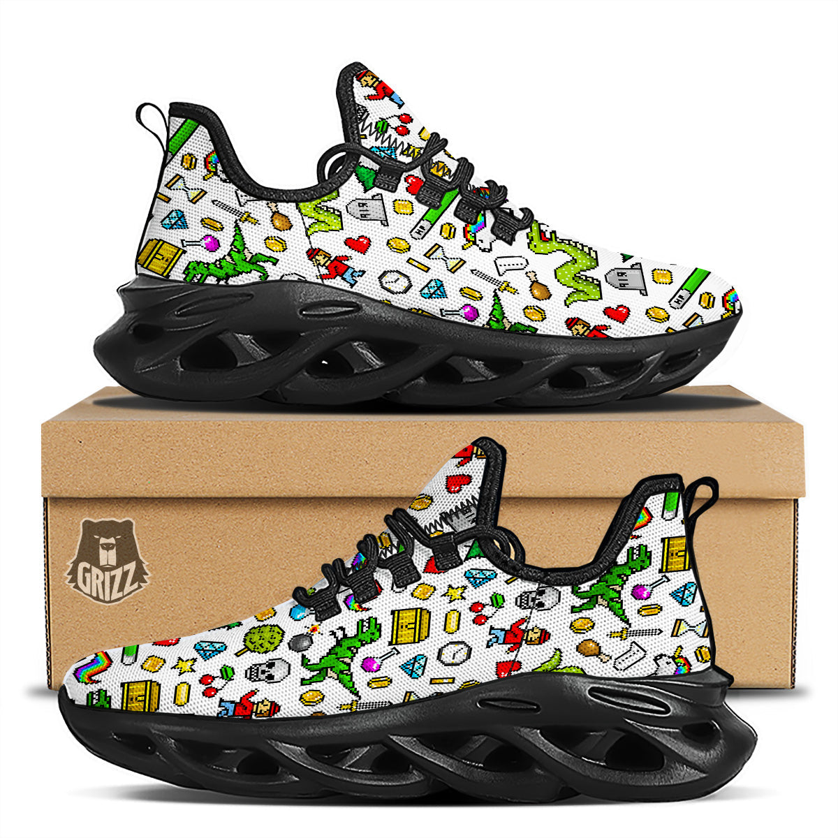 Pixel Art 8 Bit Retro Cartoon Print Pattern Black Running Shoes-grizzshop