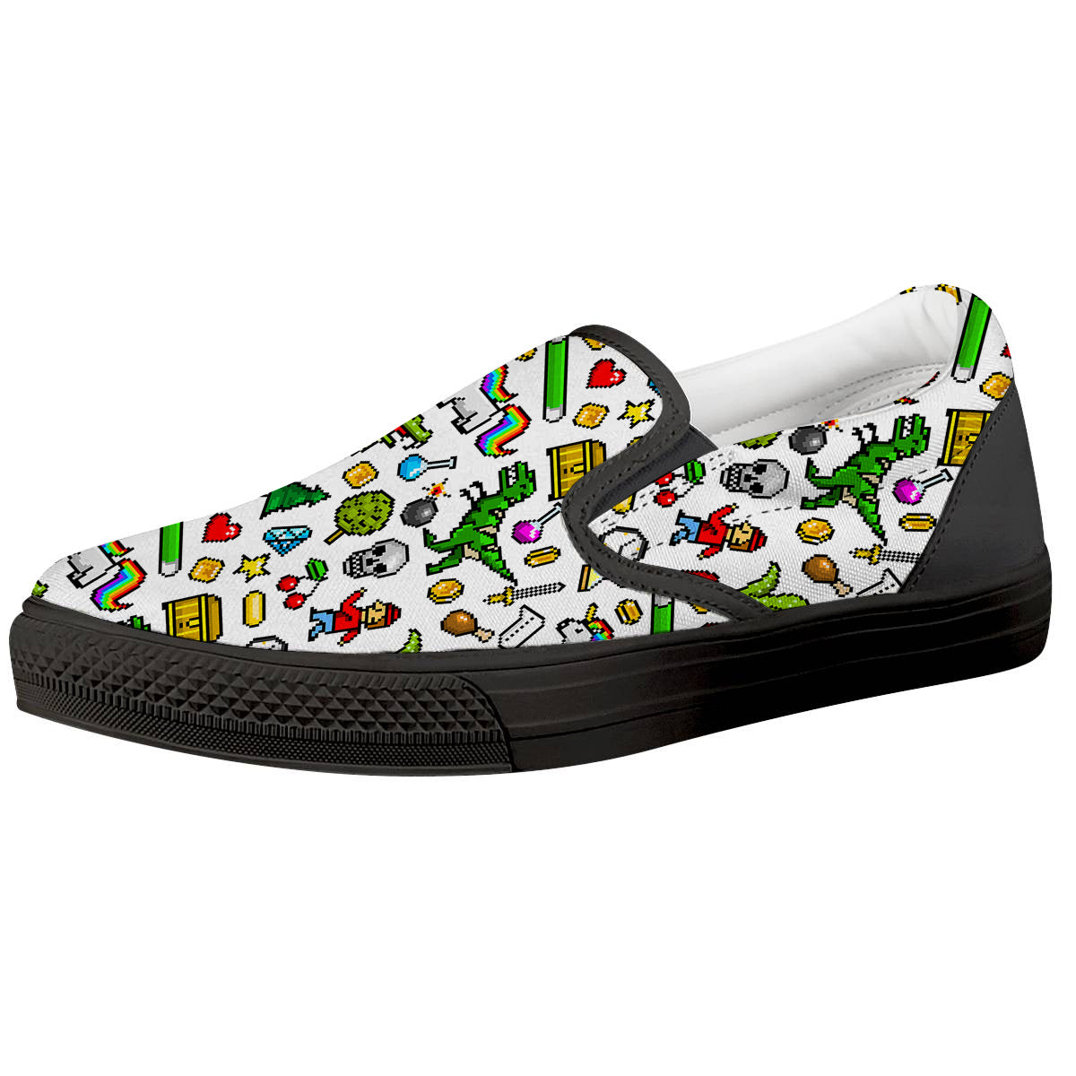 Pixel Art 8 Bit Retro Cartoon Print Pattern Black Slip On Shoes-grizzshop