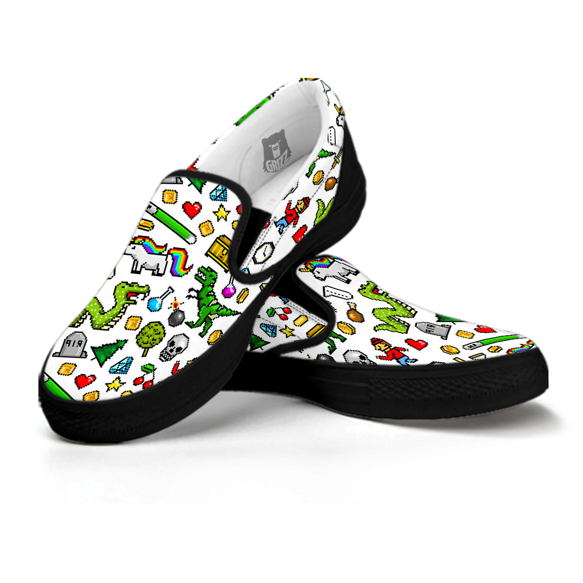 Pixel Art 8 Bit Retro Cartoon Print Pattern Black Slip On Shoes-grizzshop