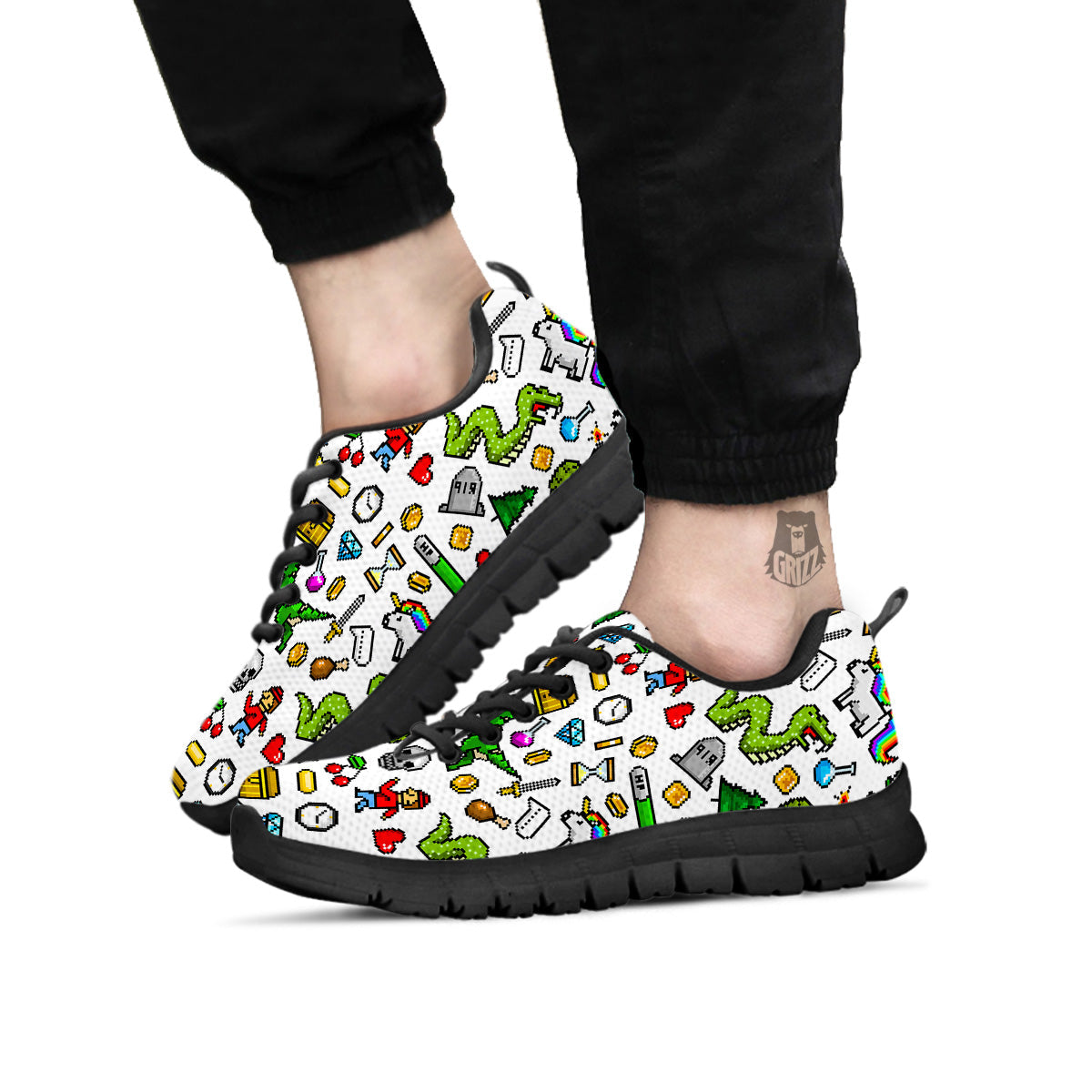 Pixel Art 8 Bit Retro Cartoon Print Pattern Black Sneaker-grizzshop