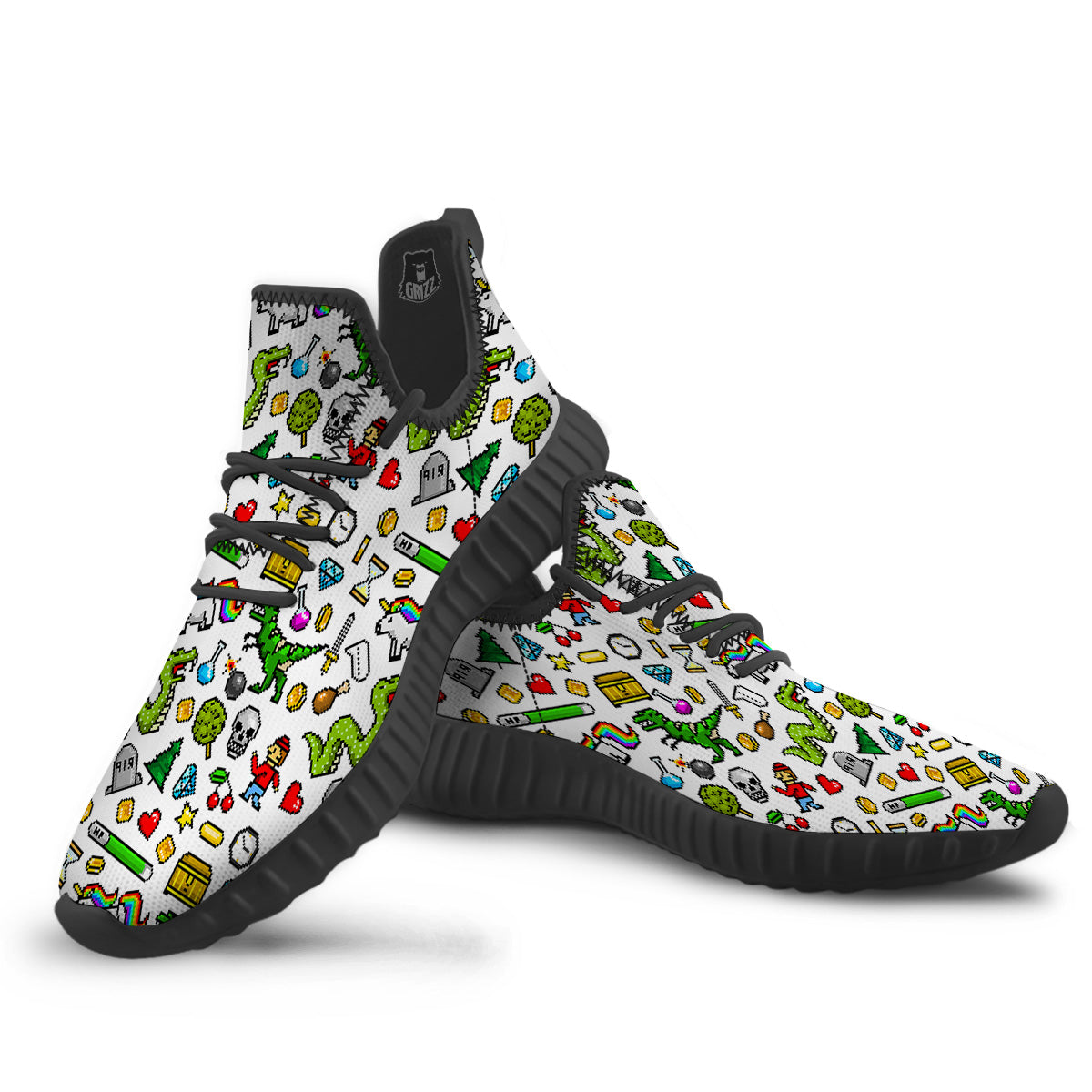 Pixel Art 8 Bit Retro Cartoon Print Pattern Black Walking Shoes-grizzshop
