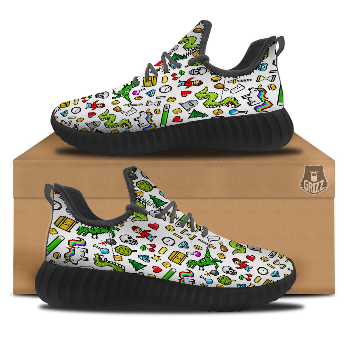 Pixel Art 8 Bit Retro Cartoon Print Pattern Black Walking Shoes-grizzshop