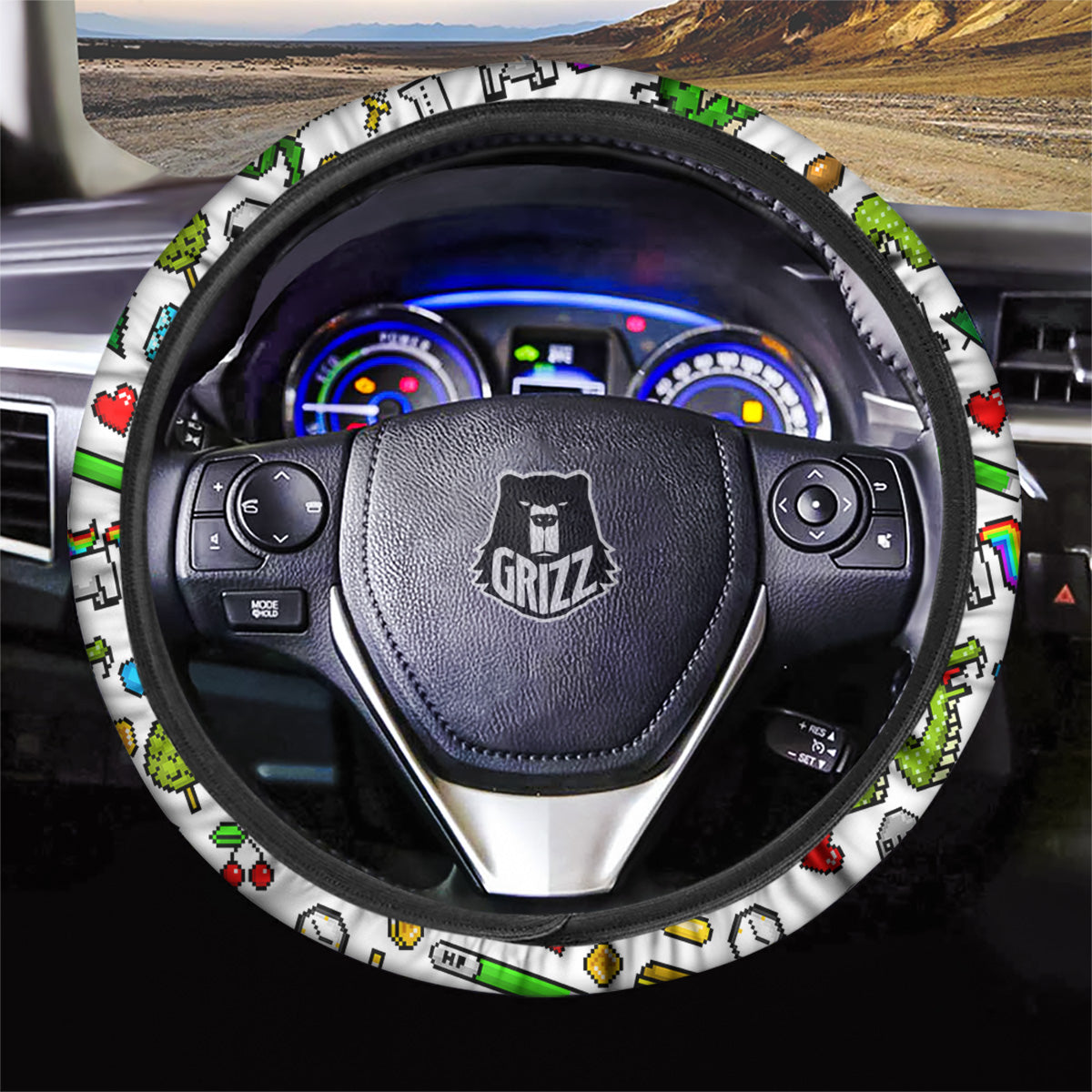 Pixel Art 8 Bit Retro Cartoon Print Pattern Car Steering Wheel Cover-grizzshop