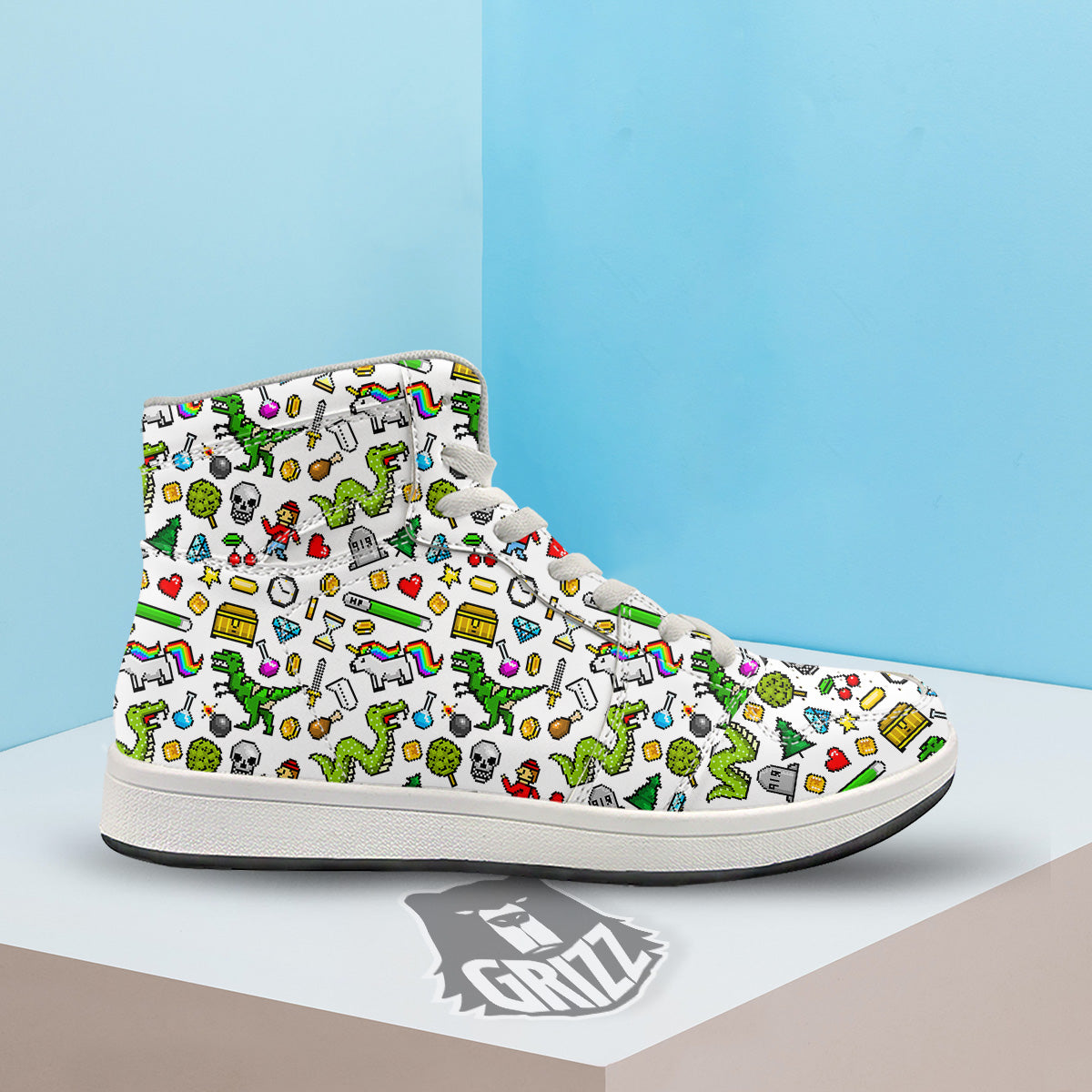 Pixel Art 8 Bit Retro Cartoon Print Pattern High Top Sneakers-grizzshop