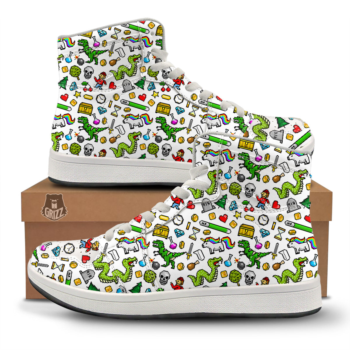 Pixel Art 8 Bit Retro Cartoon Print Pattern High Top Sneakers-grizzshop