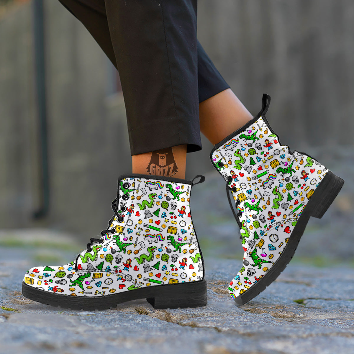 Pixel Art 8 Bit Retro Cartoon Print Pattern Leather Boots-grizzshop