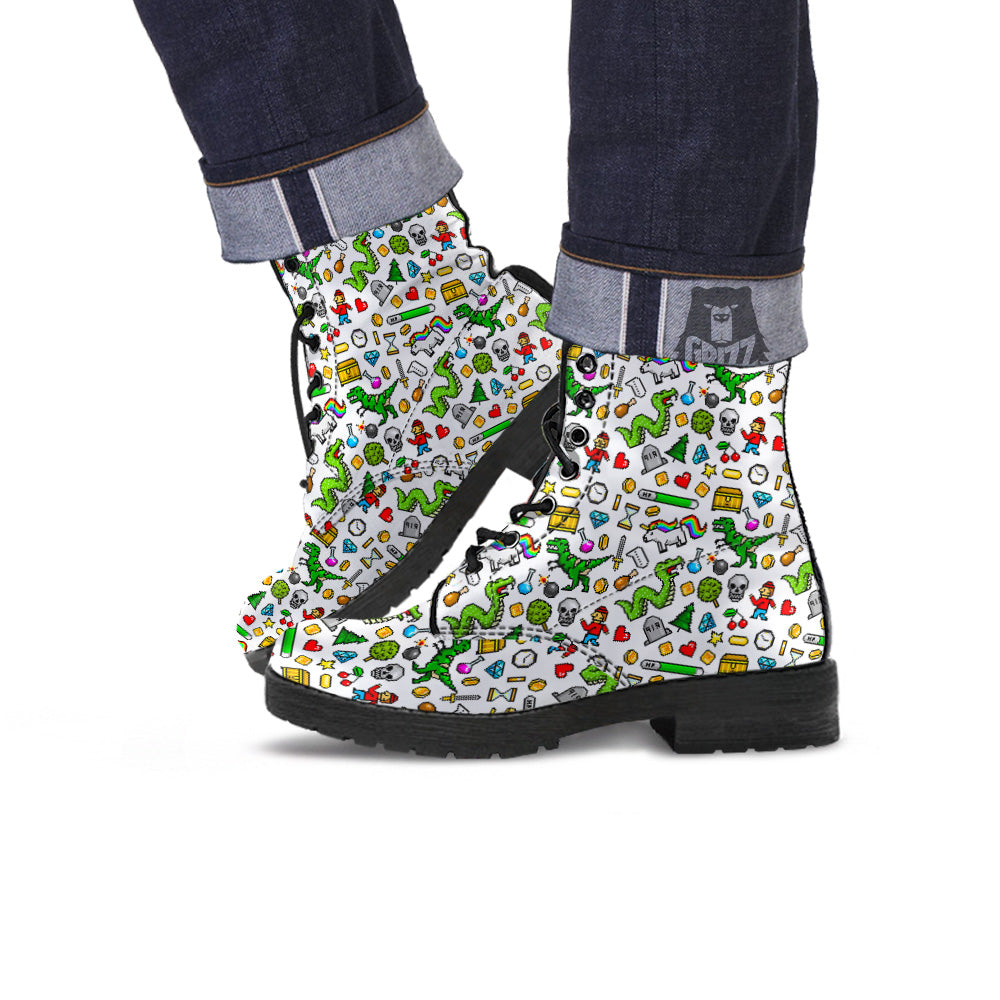 Pixel Art 8 Bit Retro Cartoon Print Pattern Leather Boots-grizzshop