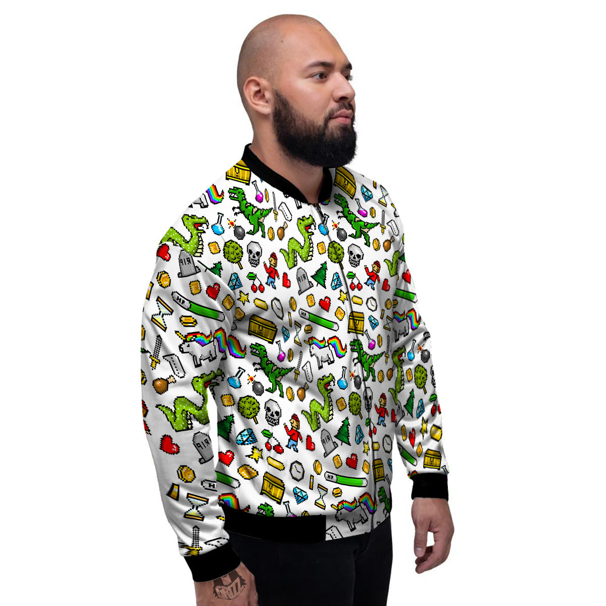 Pixel Art 8 Bit Retro Cartoon Print Pattern Men's Bomber Jacket-grizzshop