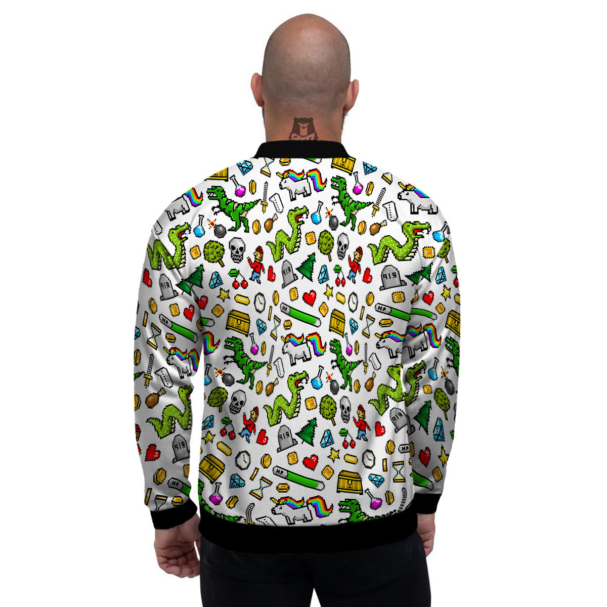 Pixel Art 8 Bit Retro Cartoon Print Pattern Men's Bomber Jacket-grizzshop