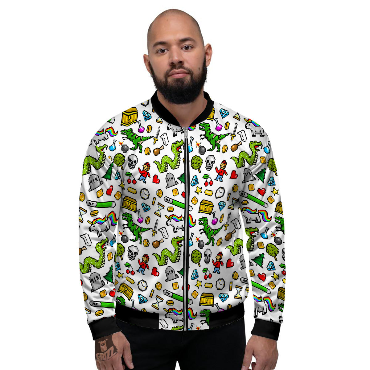 Pixel Art 8 Bit Retro Cartoon Print Pattern Men's Bomber Jacket-grizzshop