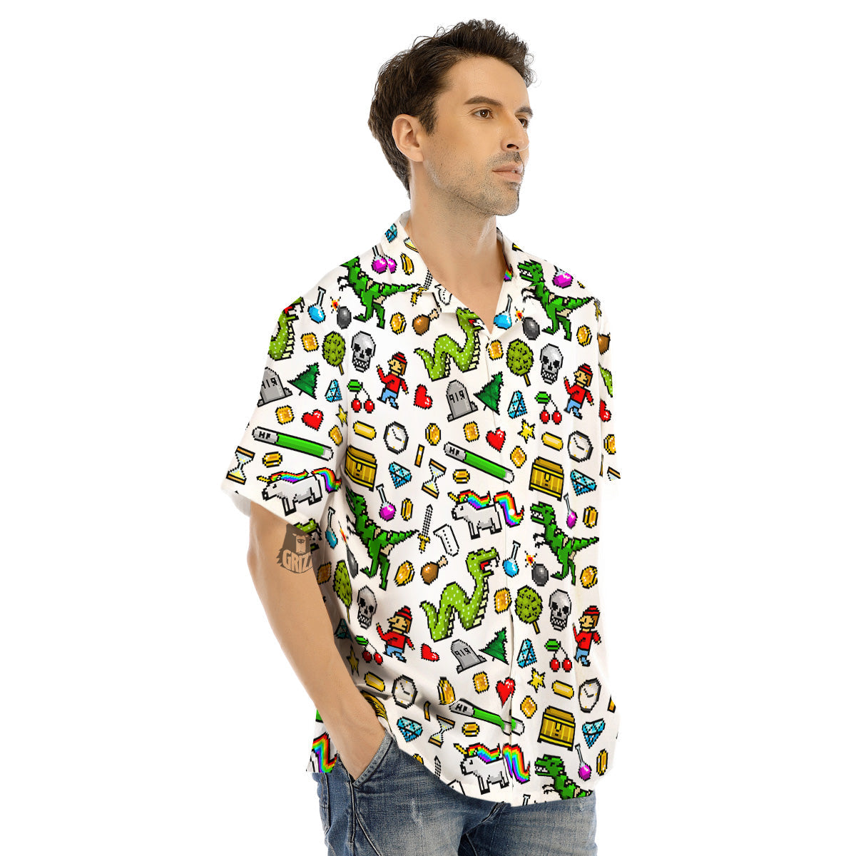 Pixel Art 8 Bit Retro Cartoon Print Pattern Men's Hawaiian Shirt-grizzshop