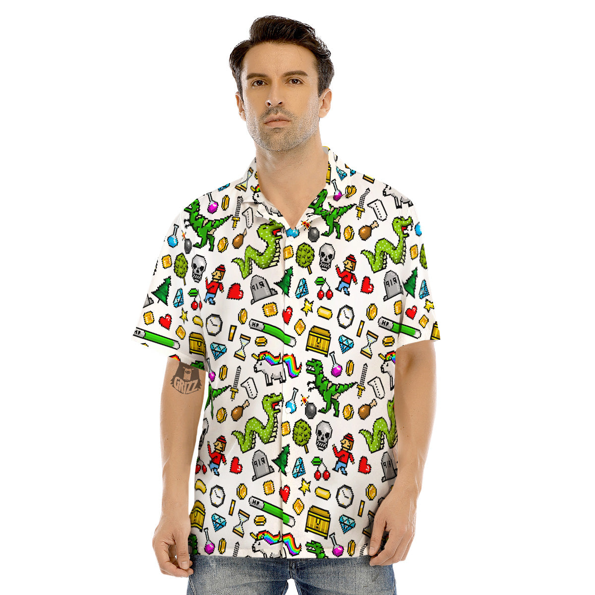 Pixel Art 8 Bit Retro Cartoon Print Pattern Men's Hawaiian Shirt-grizzshop