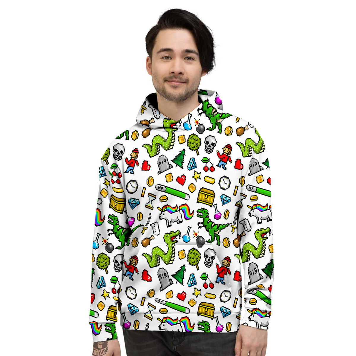 Pixel Art 8 Bit Retro Cartoon Print Pattern Men's Hoodie-grizzshop