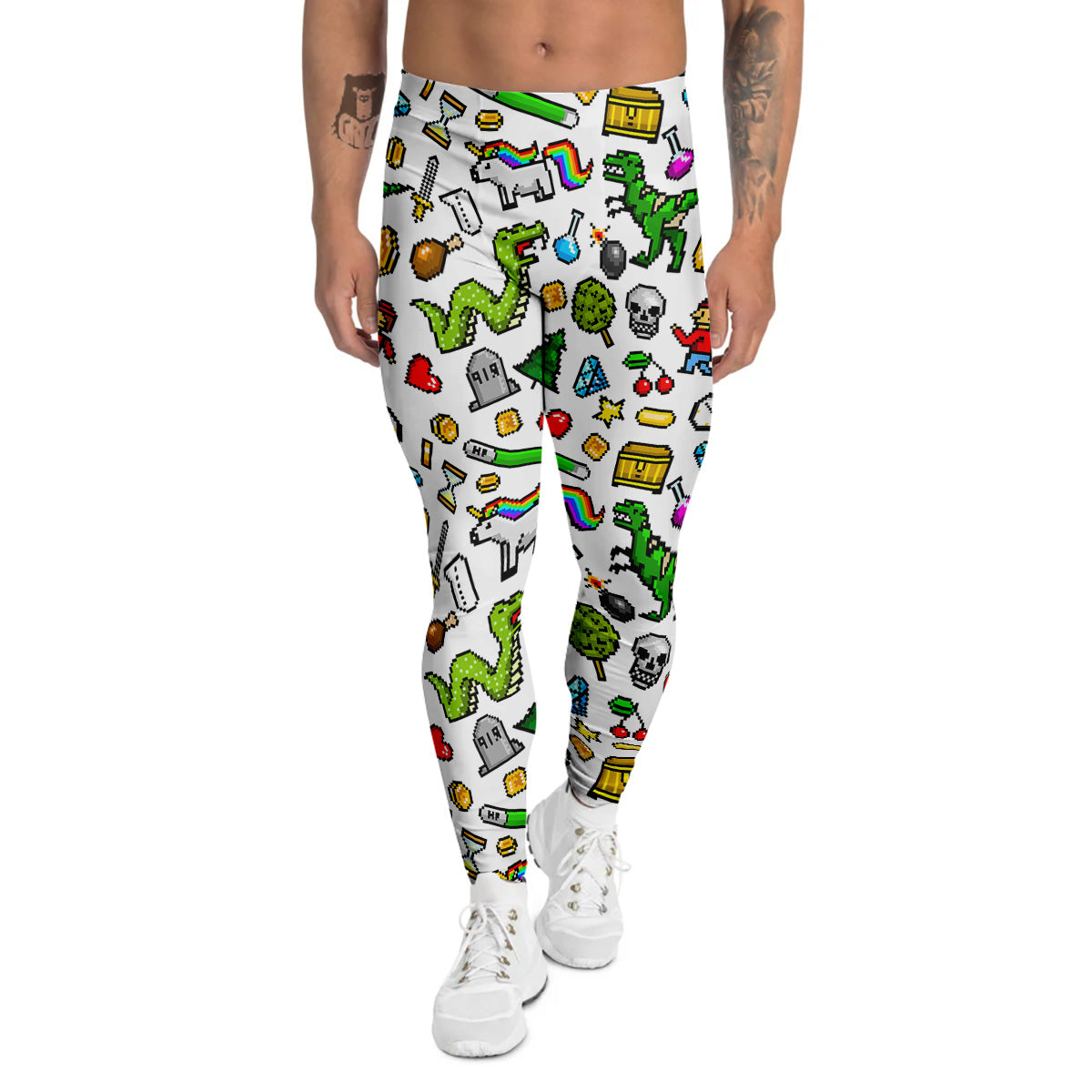 Pixel Art 8 Bit Retro Cartoon Print Pattern Men's Leggings-grizzshop