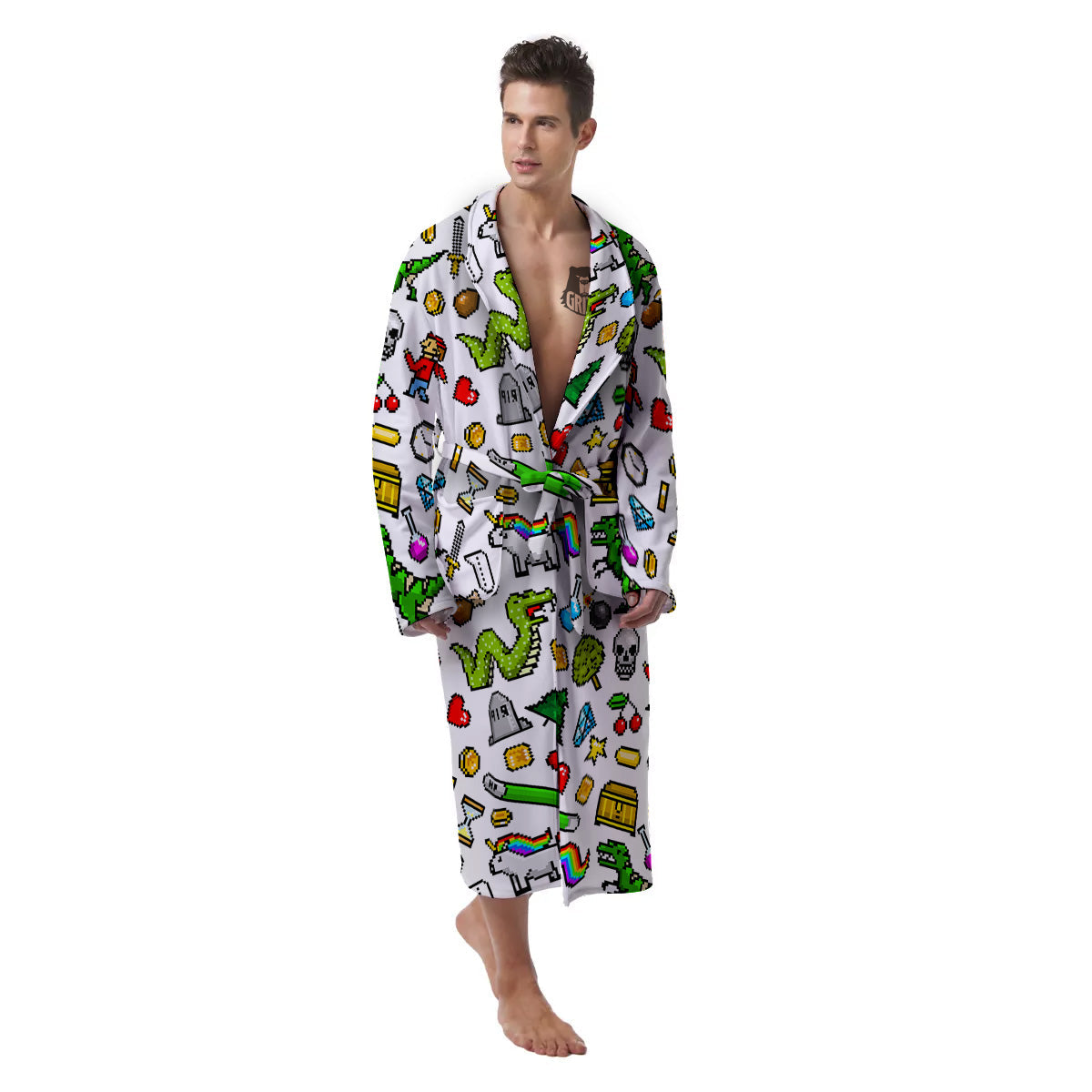 Pixel Art 8 Bit Retro Cartoon Print Pattern Men's Robe-grizzshop