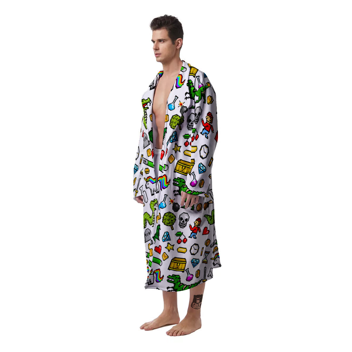Pixel Art 8 Bit Retro Cartoon Print Pattern Men's Robe-grizzshop