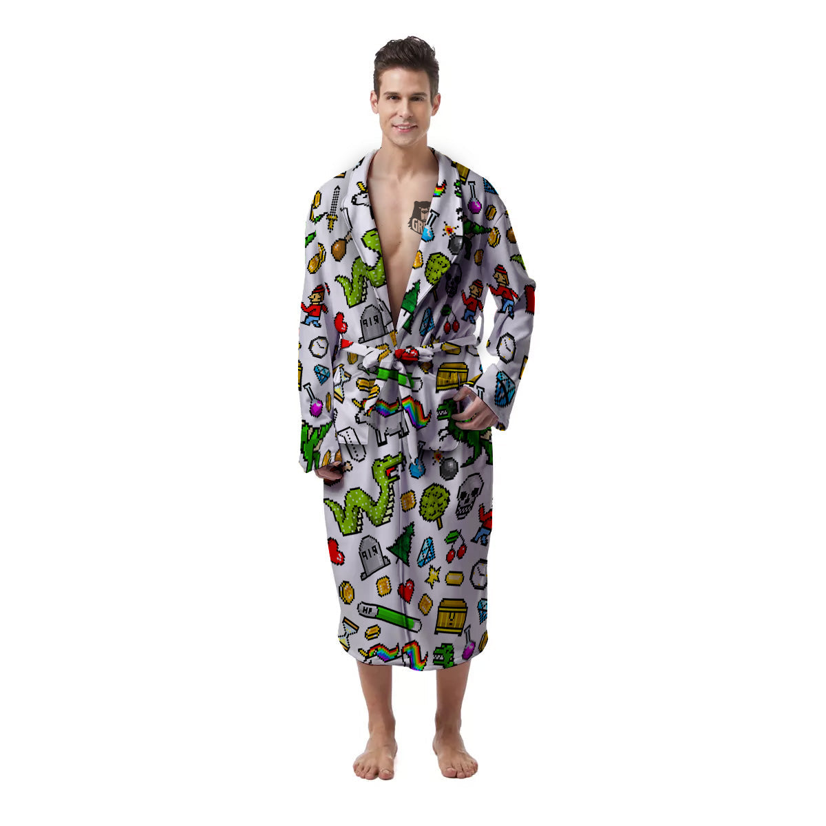 Pixel Art 8 Bit Retro Cartoon Print Pattern Men's Robe-grizzshop