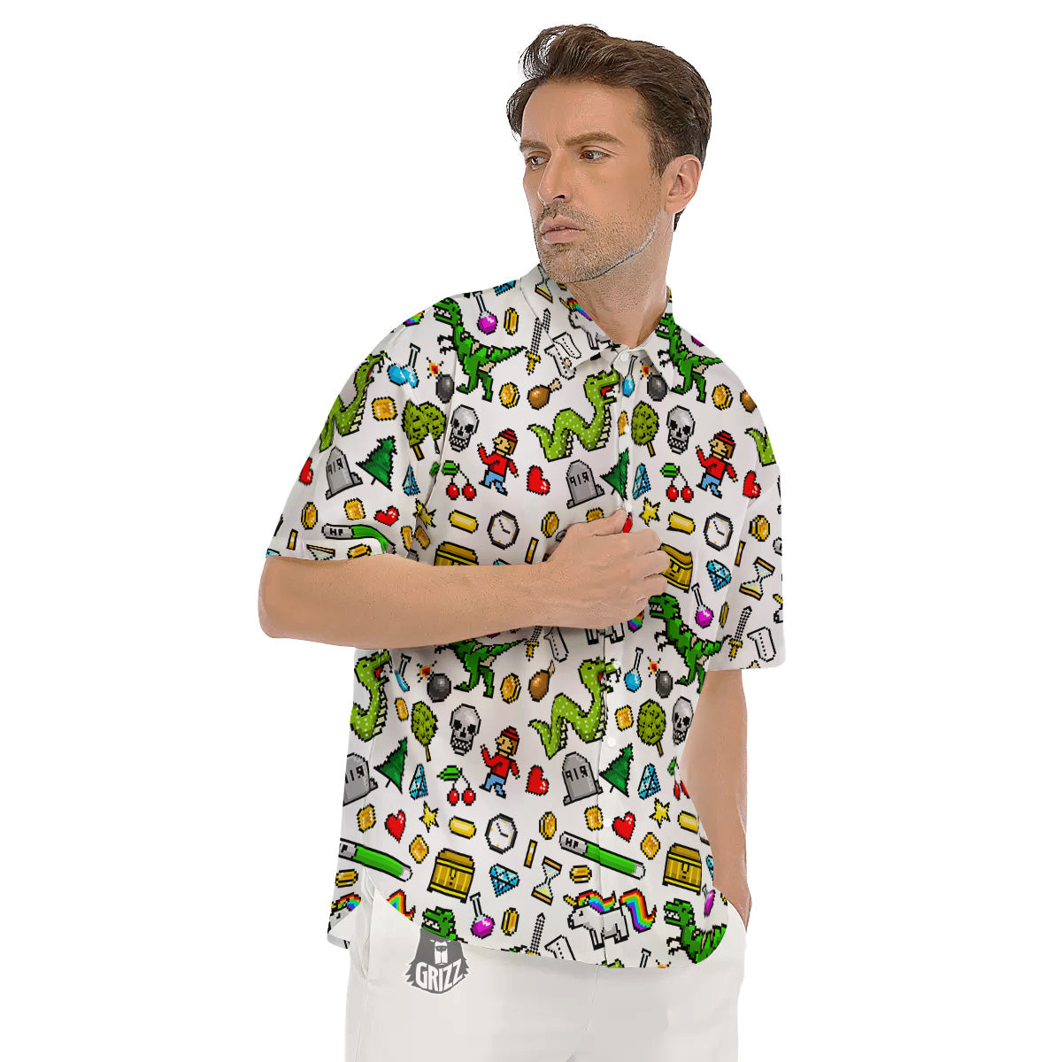 Pixel Art 8 Bit Retro Cartoon Print Pattern Men's Short Sleeve Shirts-grizzshop