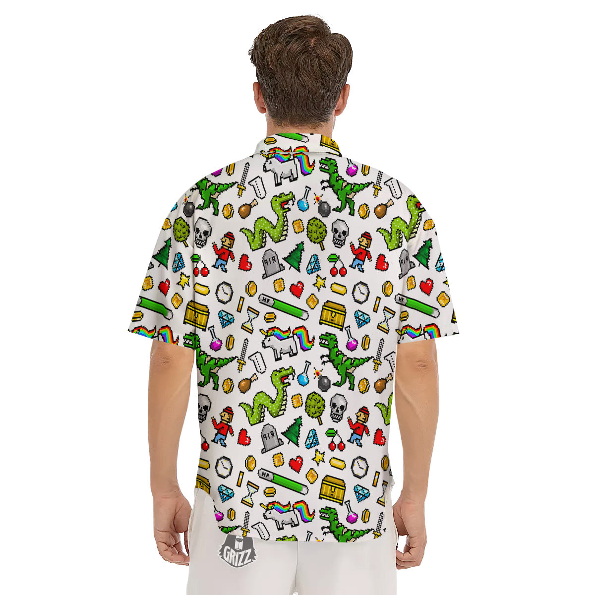 Pixel Art 8 Bit Retro Cartoon Print Pattern Men's Short Sleeve Shirts-grizzshop