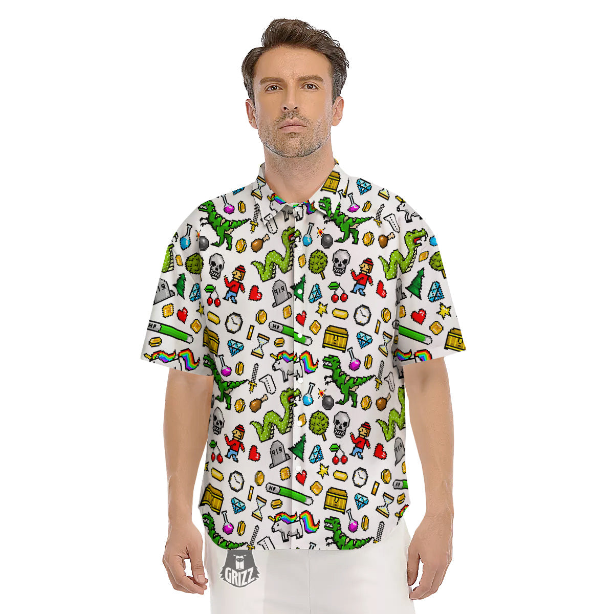 Pixel Art 8 Bit Retro Cartoon Print Pattern Men's Short Sleeve Shirts-grizzshop
