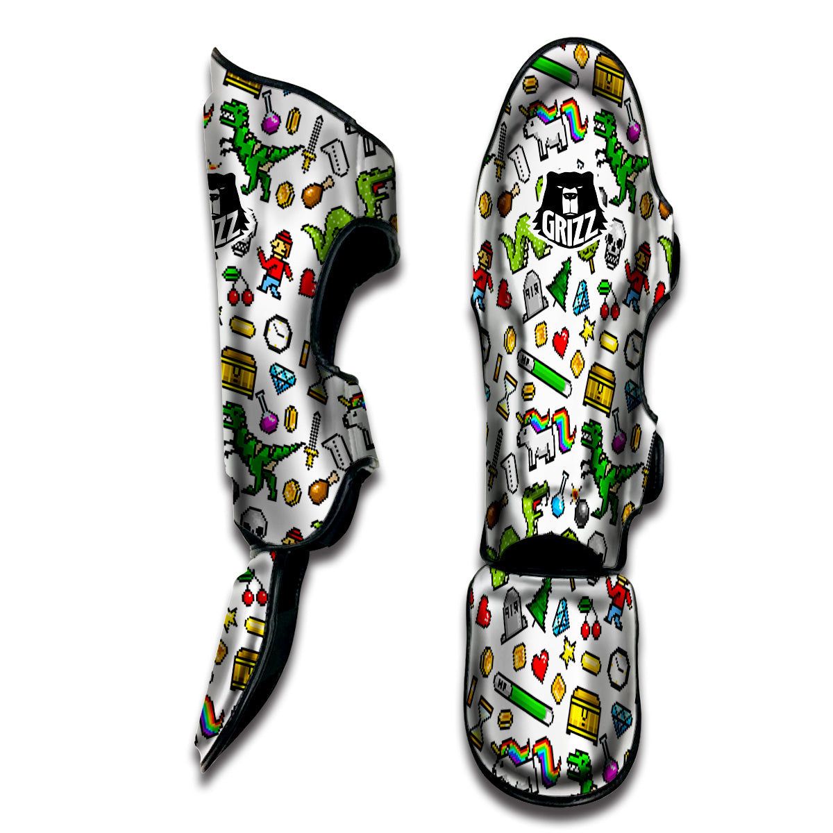 Pixel Art 8 Bit Retro Cartoon Print Pattern Muay Thai Shin Guards-grizzshop