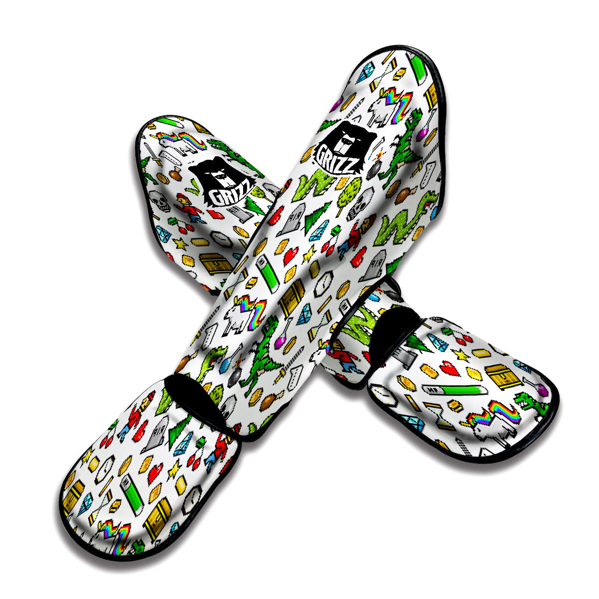 Pixel Art 8 Bit Retro Cartoon Print Pattern Muay Thai Shin Guards-grizzshop