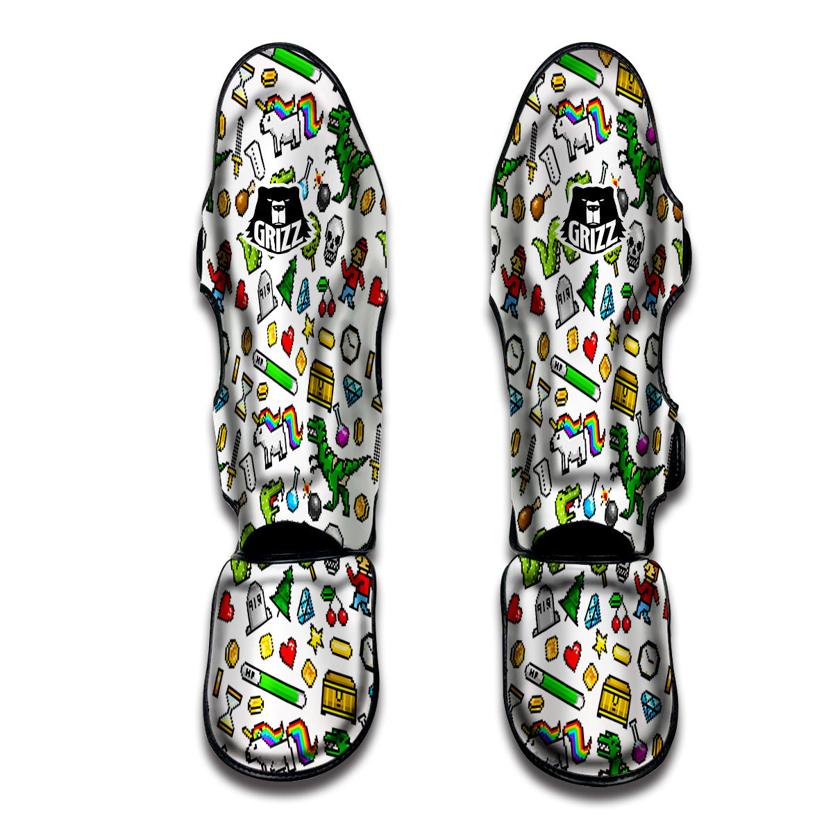 Pixel Art 8 Bit Retro Cartoon Print Pattern Muay Thai Shin Guards-grizzshop