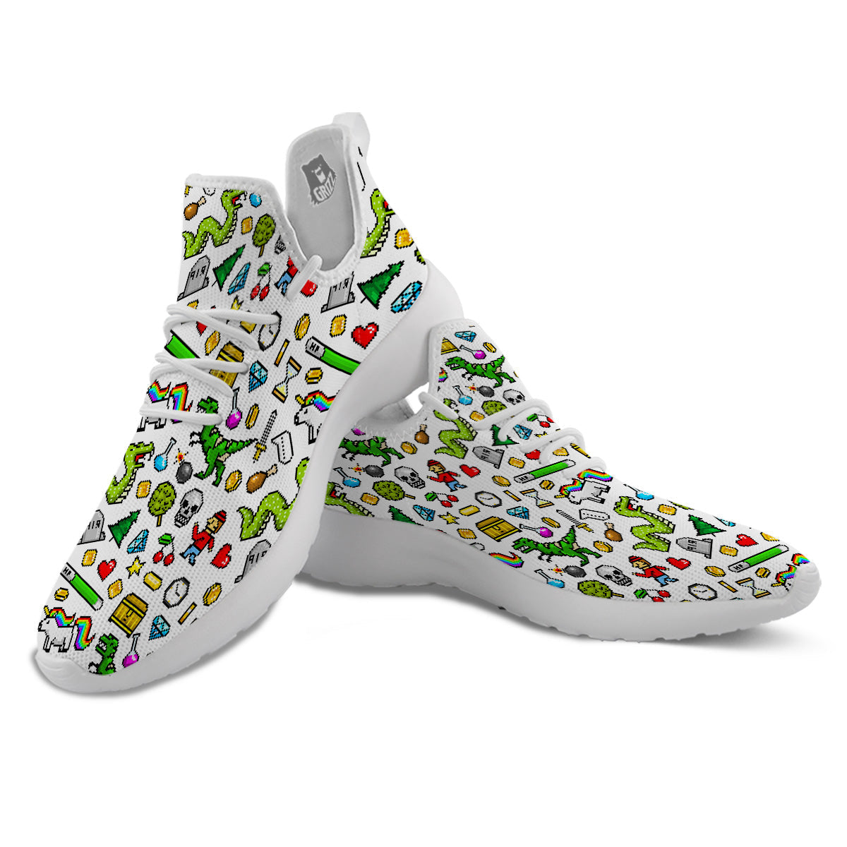 Pixel Art 8 Bit Retro Cartoon Print Pattern White Athletic Shoes-grizzshop