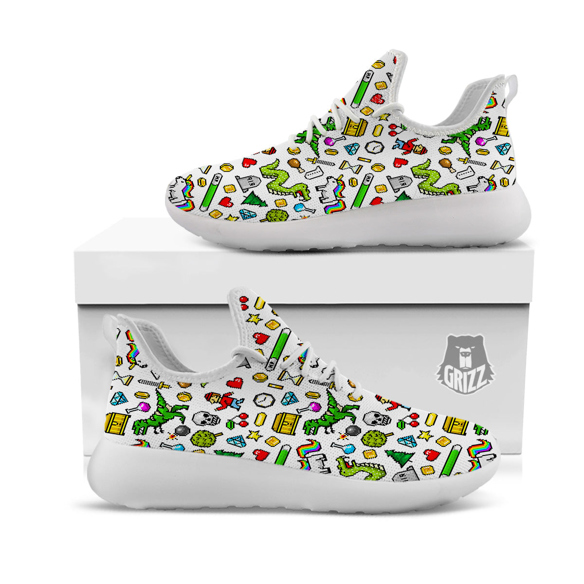 Pixel Art 8 Bit Retro Cartoon Print Pattern White Athletic Shoes-grizzshop