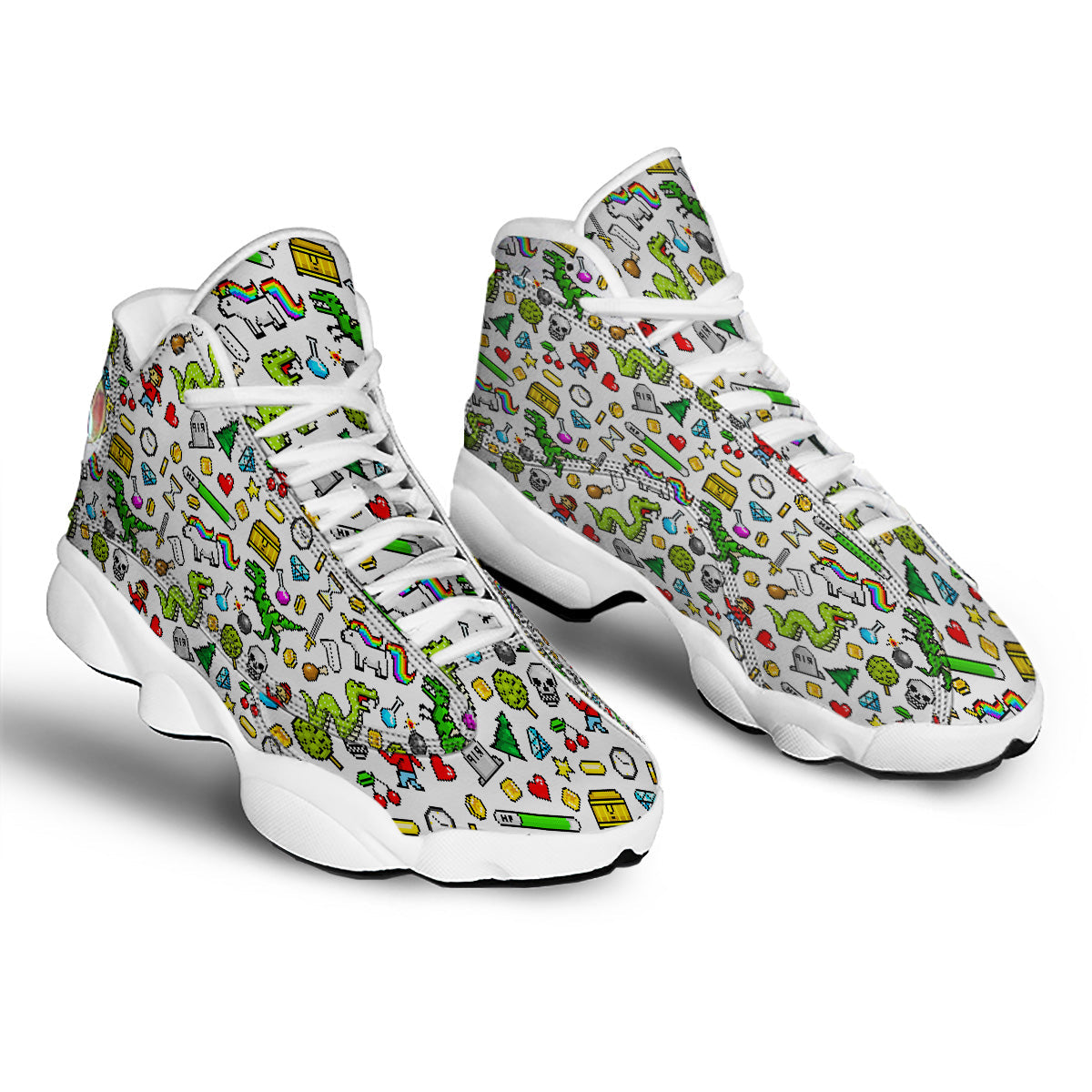 Pixel Art 8 Bit Retro Cartoon Print Pattern White Basketball Shoes-grizzshop