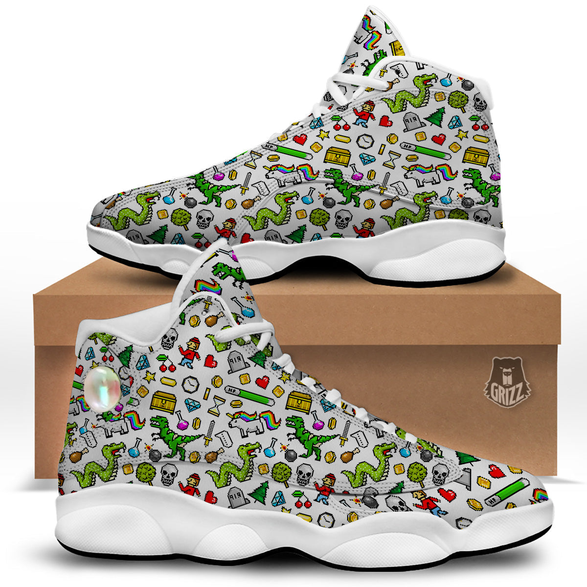 Pixel Art 8 Bit Retro Cartoon Print Pattern White Basketball Shoes-grizzshop