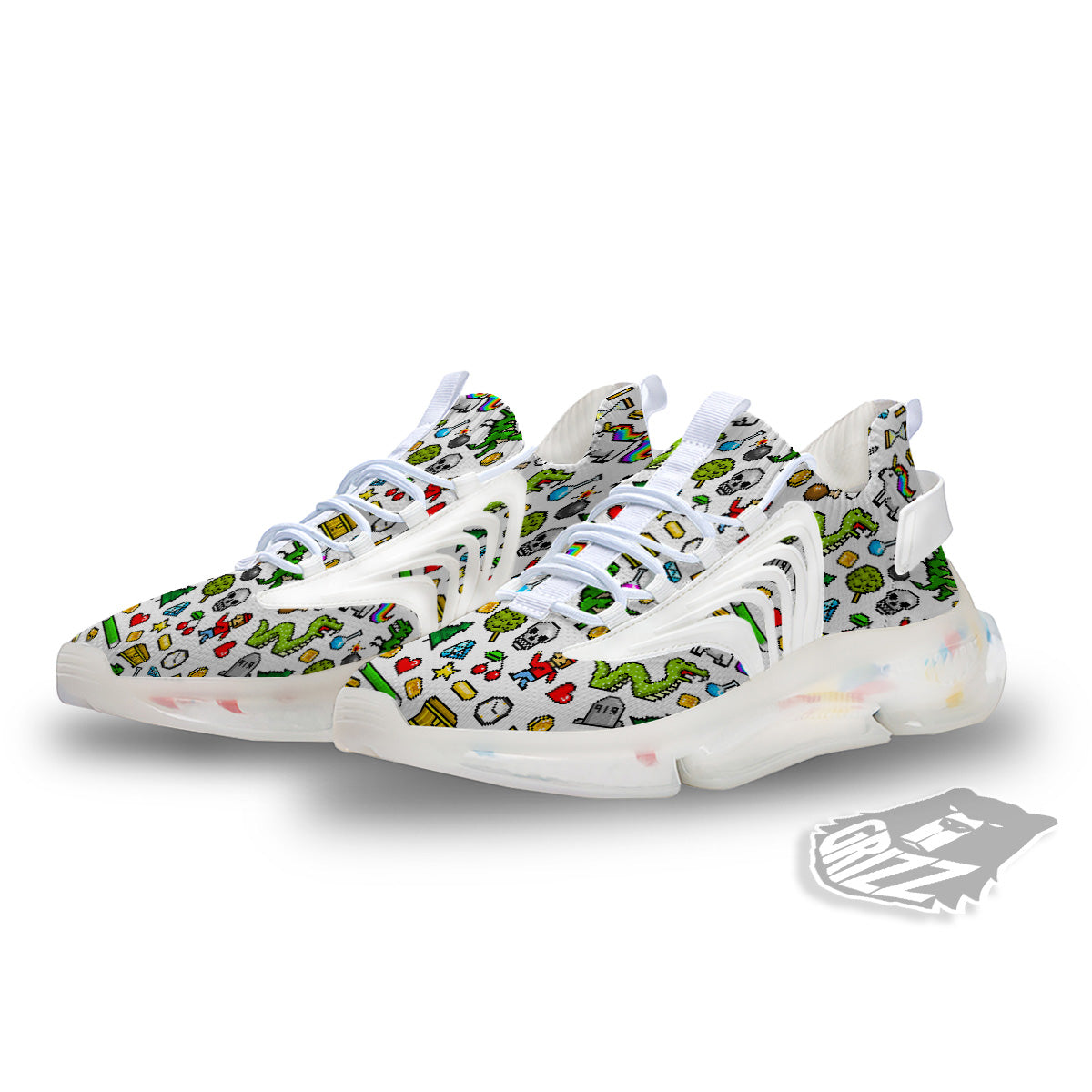 Pixel Art 8 Bit Retro Cartoon Print Pattern White Gym Shoes-grizzshop