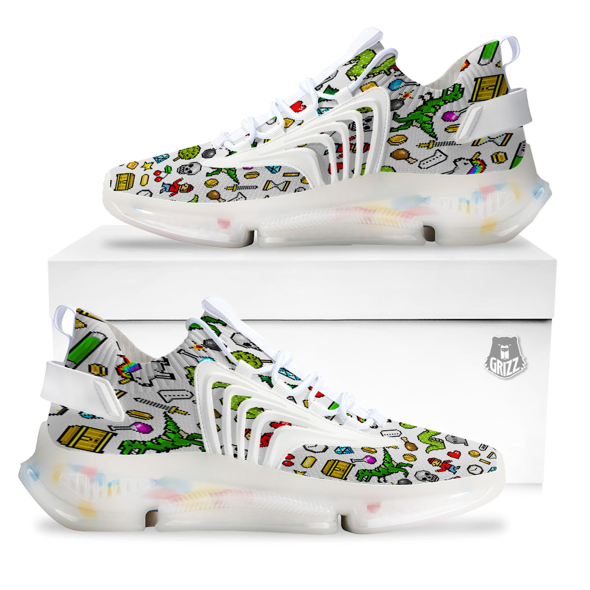 Pixel Art 8 Bit Retro Cartoon Print Pattern White Gym Shoes-grizzshop