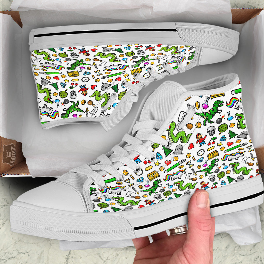 Pixel Art 8 Bit Retro Cartoon Print Pattern White High Top Shoes-grizzshop