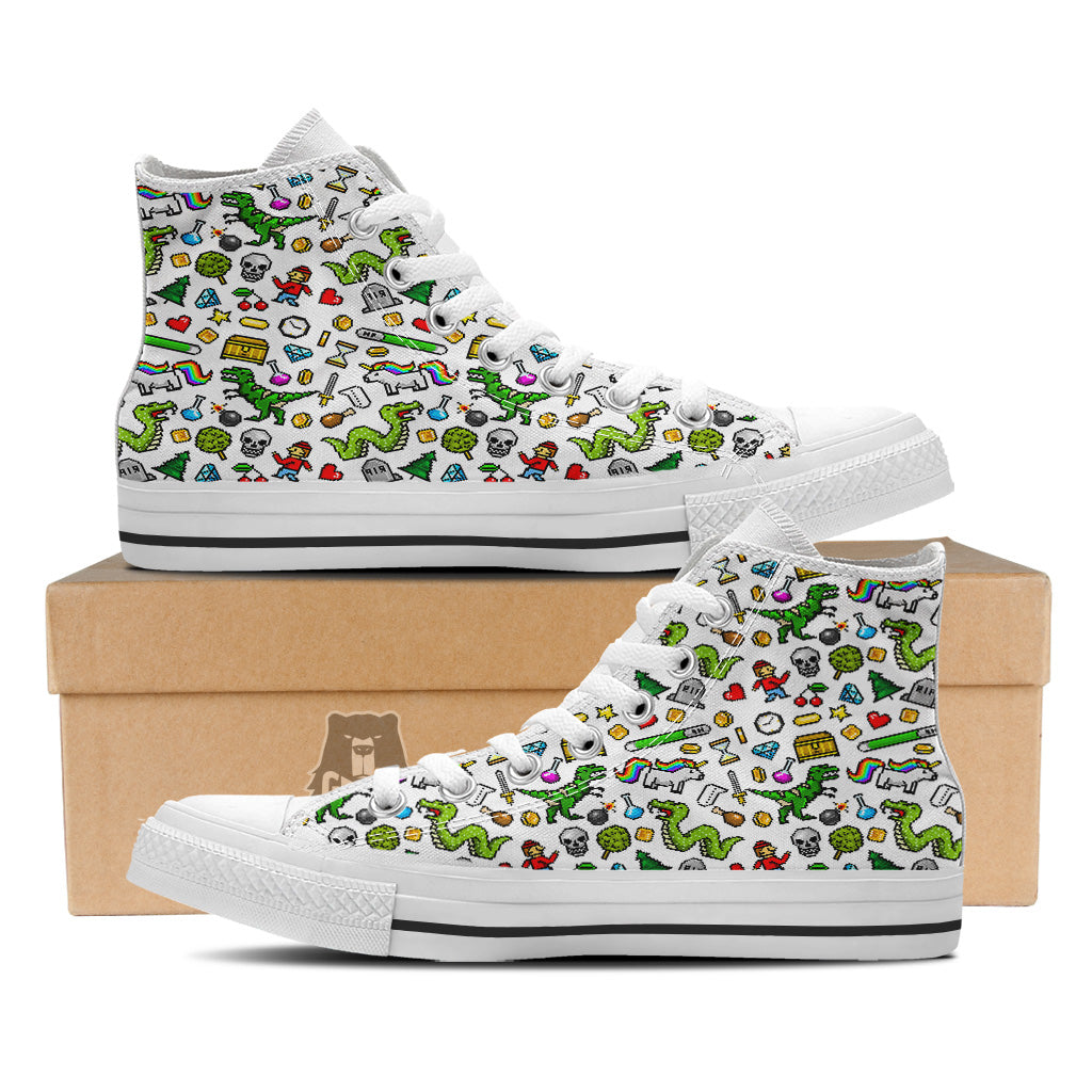 Pixel Art 8 Bit Retro Cartoon Print Pattern White High Top Shoes-grizzshop