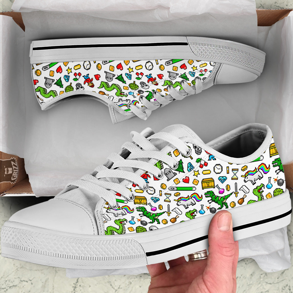 Pixel Art 8 Bit Retro Cartoon Print Pattern White Low Top Shoes-grizzshop