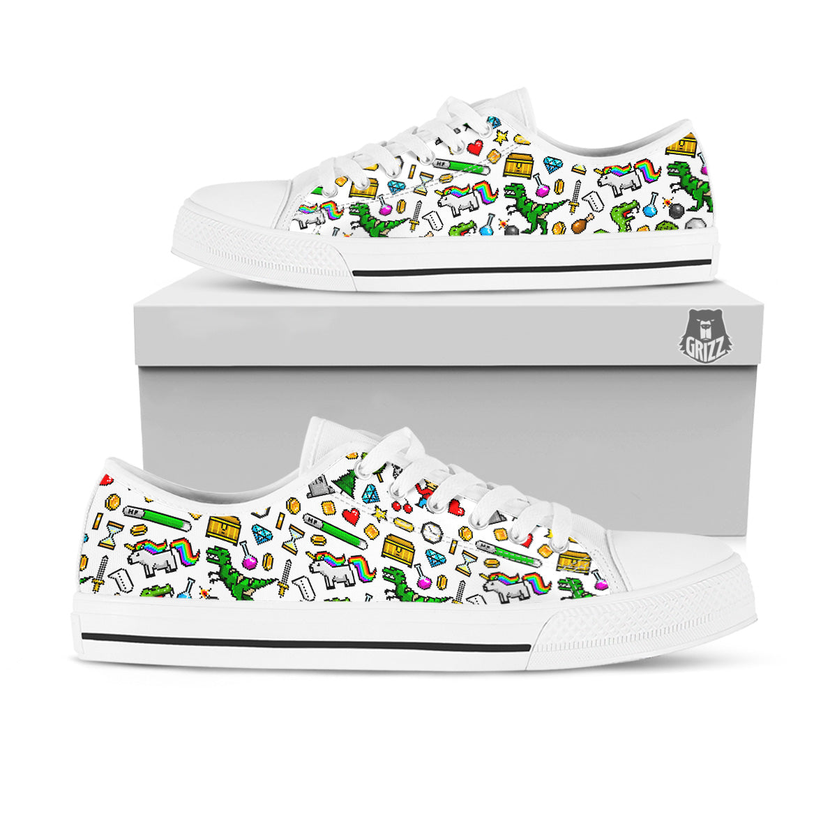 Pixel Art 8 Bit Retro Cartoon Print Pattern White Low Top Shoes-grizzshop
